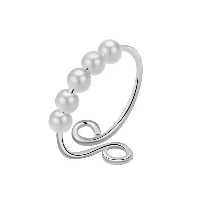 925 Silver Anxiety Ring Spiral Pearl Rotate Beads Anti Stress Toy For Women