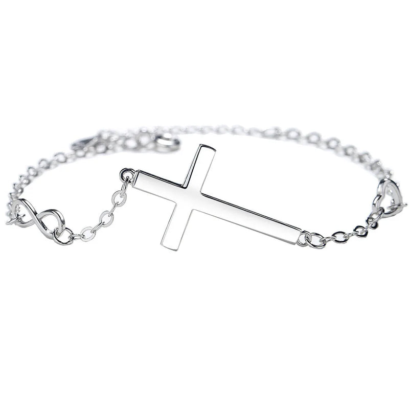 925 Silver Cross Bracelet Heart Link Chain Women's Adjustable Jewelry