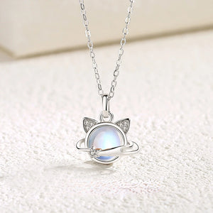 925 Silver Planet Cat Necklace with Moostone for Women