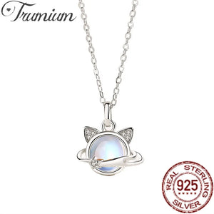 925 Silver Planet Cat Necklace with Moostone for Women