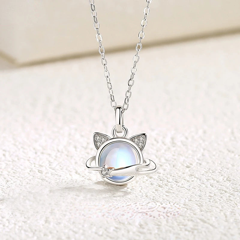 925 Silver Planet Cat Necklace with Moostone for Women