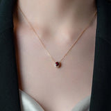 925 Silver Ruby Chain Necklace Red Pendent CZ Retro Style for Women