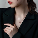 925 Silver Ruby Chain Necklace Red Pendent CZ Retro Style for Women