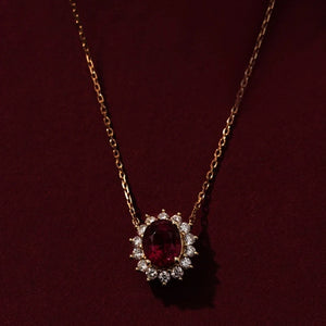925 Silver Ruby Chain Necklace Red Pendent CZ Retro Style for Women