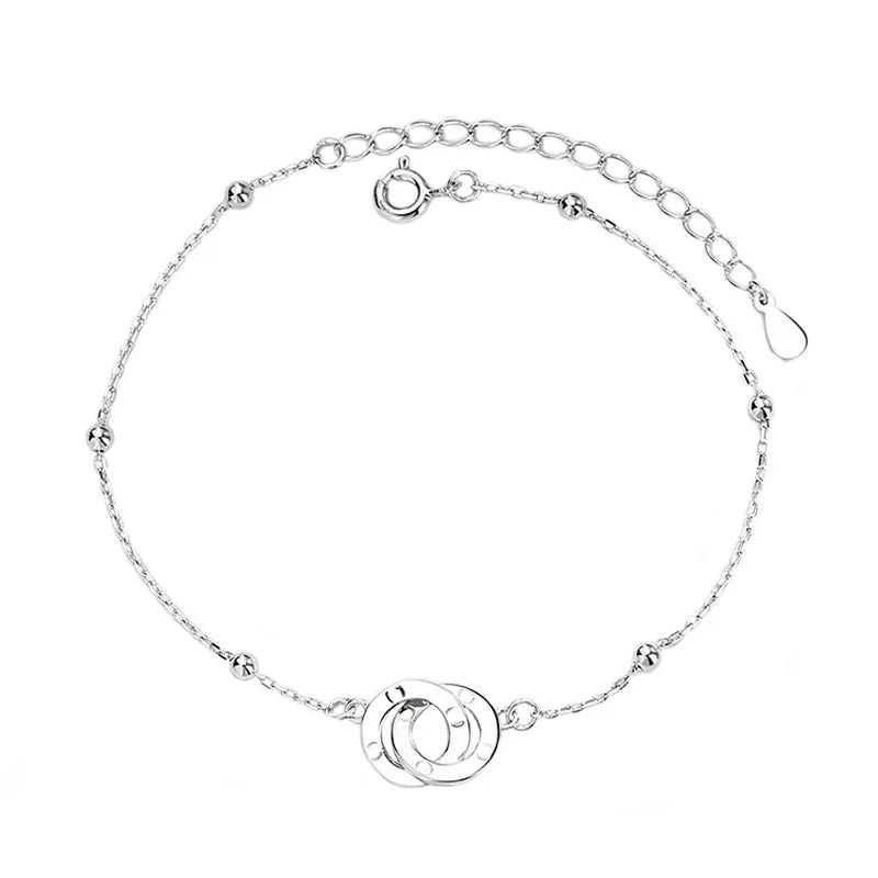 925 Sterling Silver Double Circle Charm Bracelets for Women Bangle