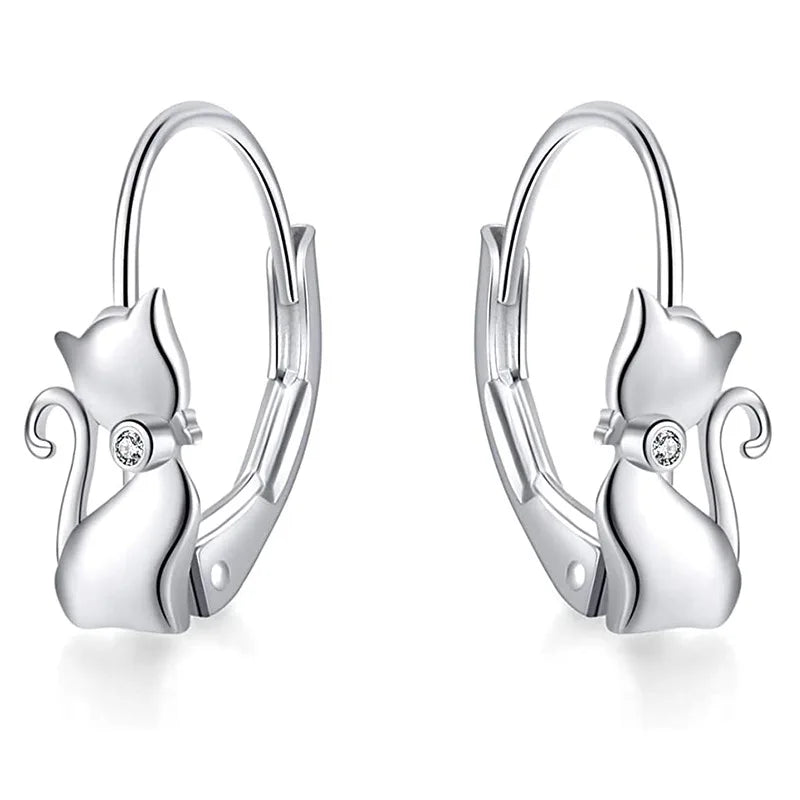 925 Silver Long Tail Cat Hoop Earrings Zircon Wedding Jewelry