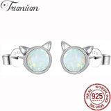 Trumium Cat Stud Earrings 925 Silver Opal Hypoalljsonergenic Women Earrings