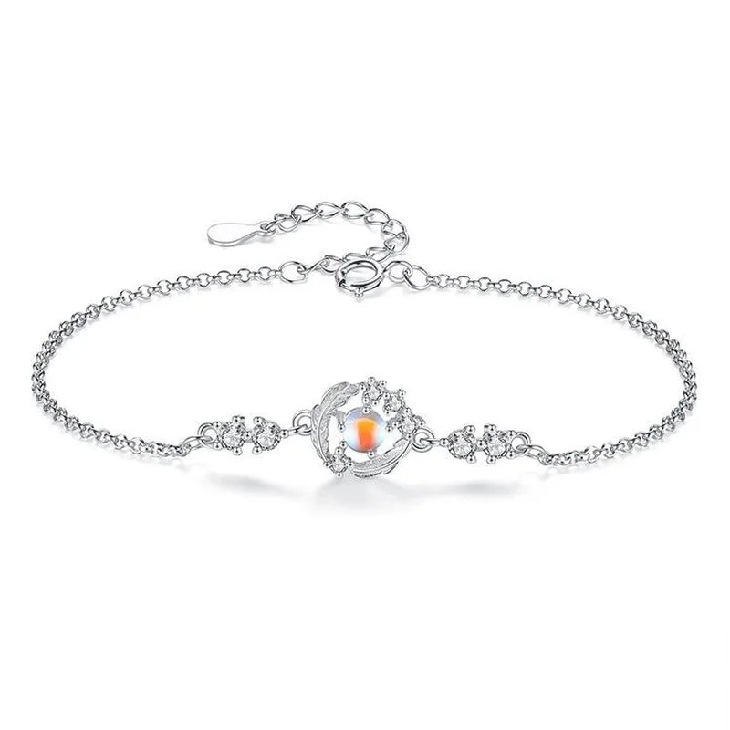 925 Silver Moonstone Feather Bracelet Romantic Zircon Jewelry