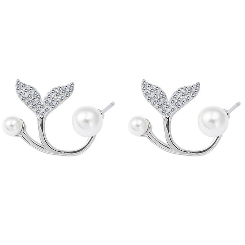 Mermaid Tail Stud Earrings 925 Silver Zircon Pearl Tiny Earrings