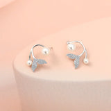 Mermaid Tail Stud Earrings 925 Silver Zircon Pearl Tiny Earrings