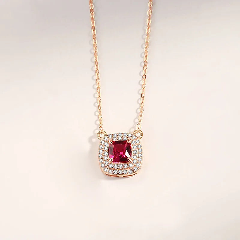 Vintage S925 Sterling Silver Ruby Square Pendent Necklace