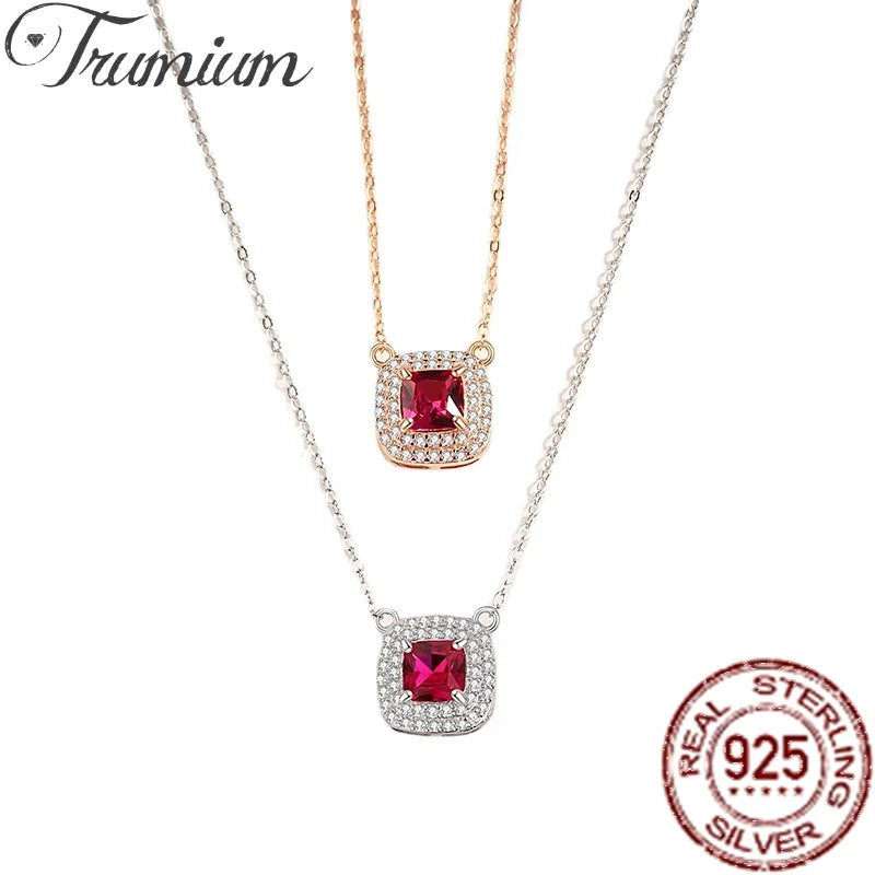Vintage S925 Sterling Silver Ruby Square Pendent Necklace
