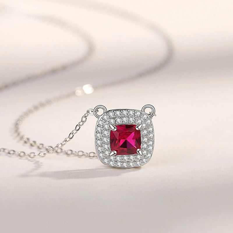 Vintage S925 Sterling Silver Ruby Square Pendent Necklace