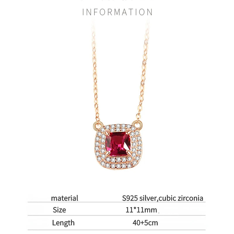 Vintage S925 Sterling Silver Ruby Square Pendent Necklace