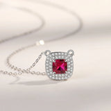 Vintage S925 Sterling Silver Ruby Square Pendent Necklace