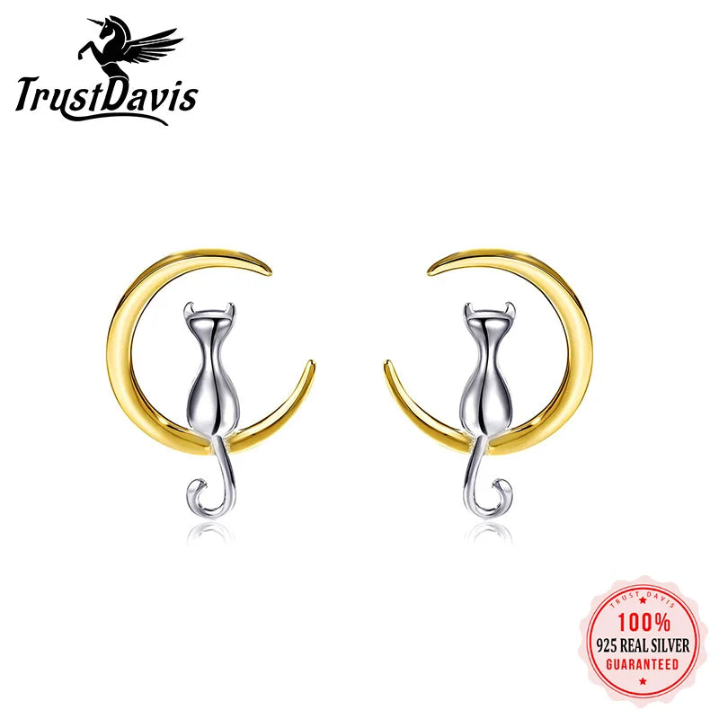 925 Solid Real Sterling Silver Cat Stud Earrings Gift DS1709