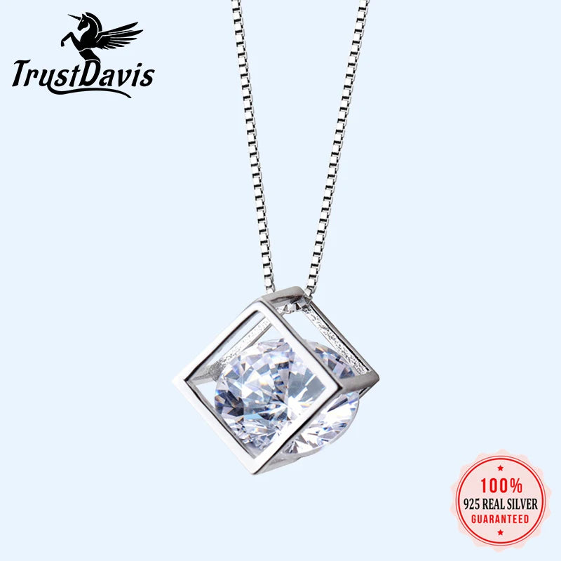 925 Sterling Silver Square Box CZ Pendant Short Necklace Gift Girl Lady