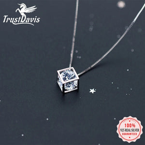 925 Sterling Silver Square Box CZ Pendant Short Necklace Gift Girl Lady