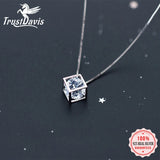 925 Sterling Silver Square Box CZ Pendant Short Necklace Gift Girl Lady