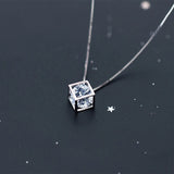 925 Sterling Silver Square Box CZ Pendant Short Necklace Gift Girl Lady