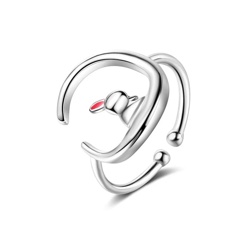 925 Sterling Silver Moon Rabbit Cocktail Ring Sizable 5 6 7 For Women