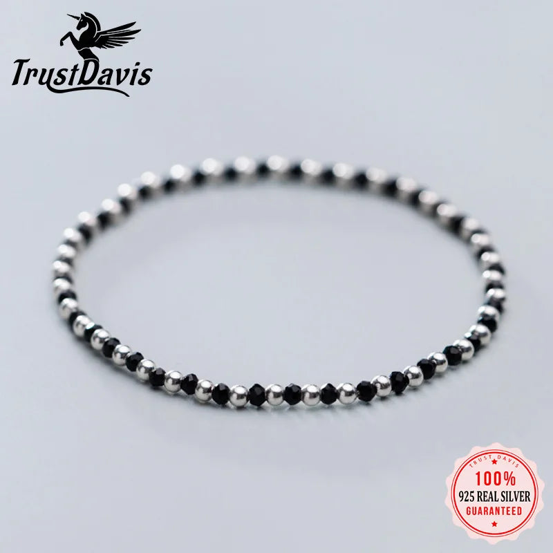 925 Solid Sterling Silver Elastic Bead Bracelet For Women Girls Lady Gift