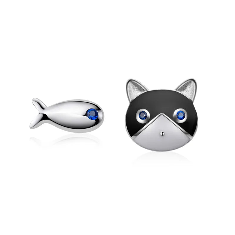 925 Sterling Silver Asymmetric Cat Fish Stud Earrings for Girls DS856