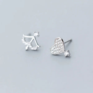 925 Silver Women Asymmetric Heart Arrow CZ Stud Earrings for Girls