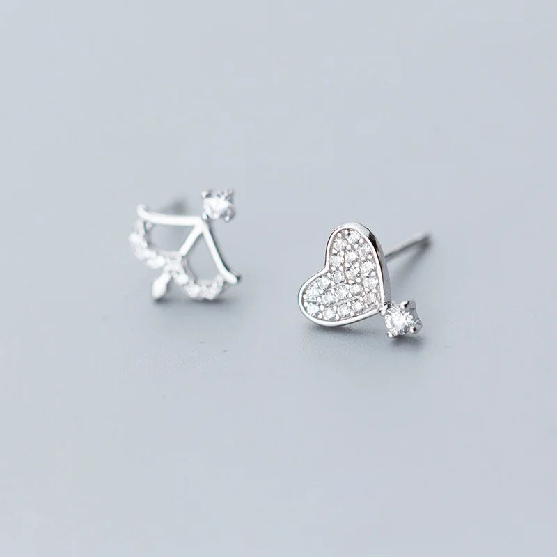 925 Silver Women Asymmetric Heart Arrow CZ Stud Earrings for Girls