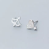 925 Silver Women Asymmetric Heart Arrow CZ Stud Earrings for Girls
