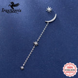 925 Silver Asymmetric Moon Star CZ Chain Stud Earrings for Women