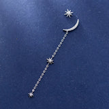 925 Silver Asymmetric Moon Star CZ Chain Stud Earrings for Women