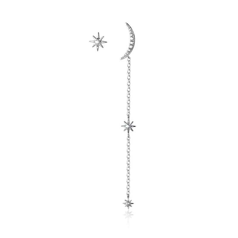 925 Silver Asymmetric Moon Star CZ Chain Stud Earrings for Women
