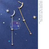 925 Silver Asymmetric Moon Star CZ Chain Stud Earrings for Women