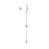 925 Silver Asymmetric Moon Star CZ Chain Stud Earrings for Women