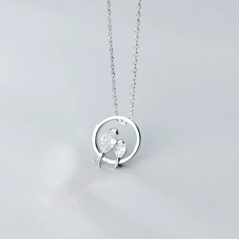 925 Silver Bird in Love CZ Pendant Necklace Choker