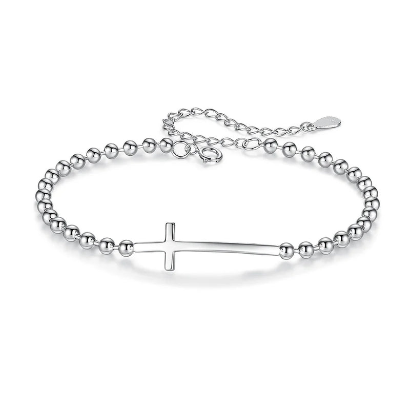 TrustDavis 925 Sterling Silver Cross Beads Bracelet For Women Girls