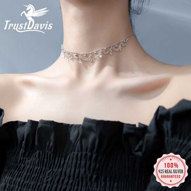 TrustDavis 925 Sterling Silver CZ Stones Choker Necklace For Women