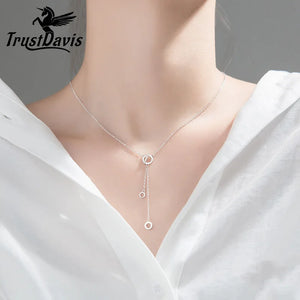TrustDavis 925 Silver Necklace CZ Round Pendants Birthday Gift For Women