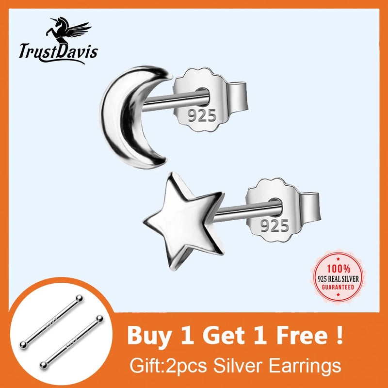 925 Silver Moon Star Stud Earrings for Girls DS127