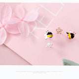 925 Silver Asymmetrical Bee Flowers Stud Earrings Gift For Girls Kids