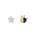 925 Silver Asymmetrical Bee Flowers Stud Earrings Gift For Girls Kids