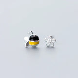 925 Silver Asymmetrical Bee Flowers Stud Earrings Gift For Girls Kids