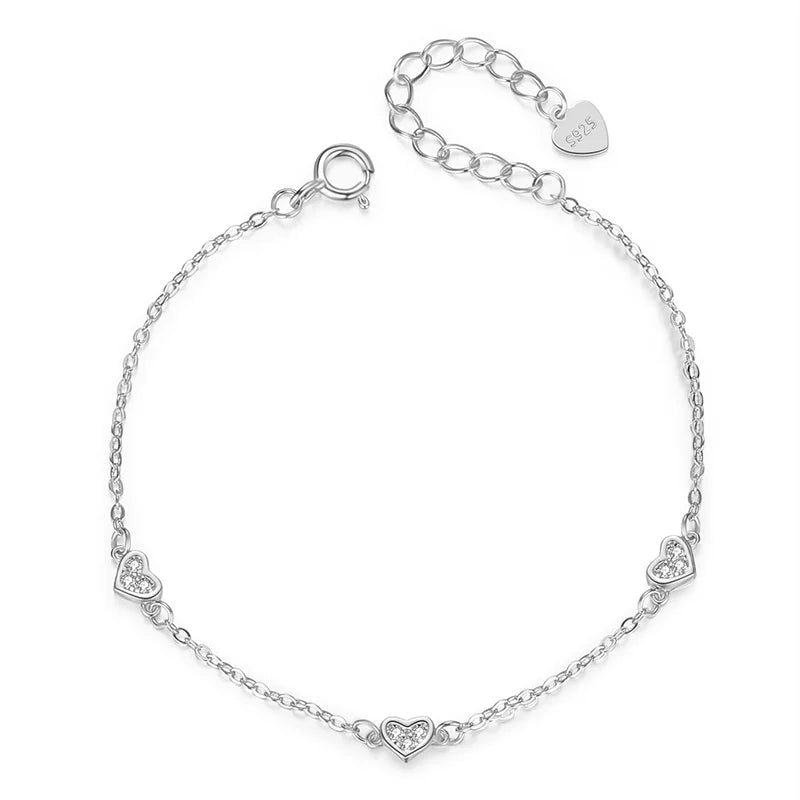 925 Silver Plated Heart Chain Bracelet For Women Charm Jewelry