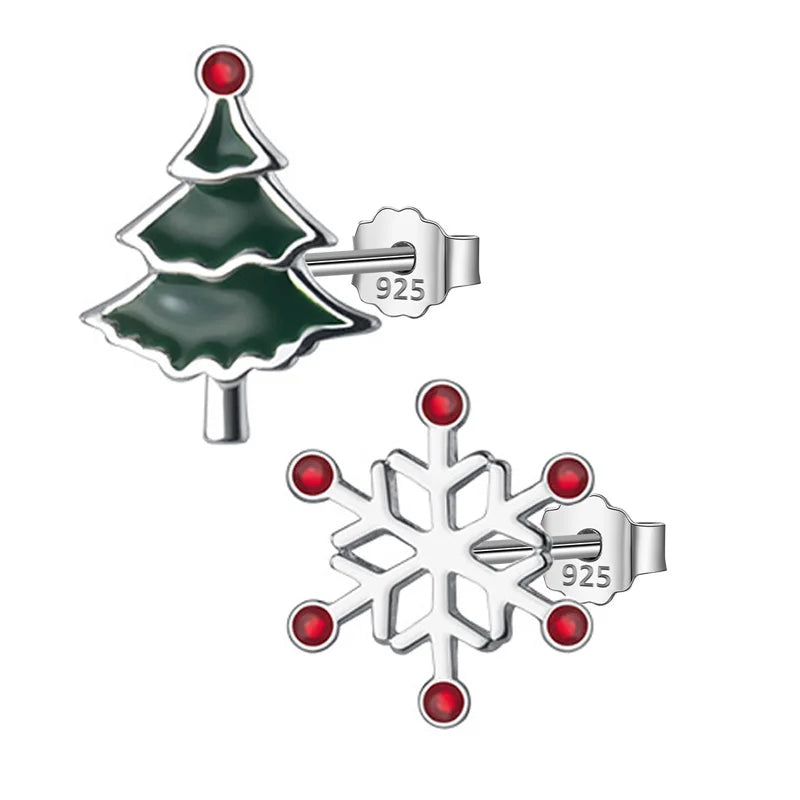 TrustDavis 925 Silver Asymmetric Snowflake Christmas Tree Stud Earring For Women