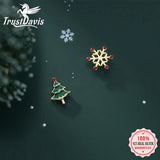 TrustDavis 925 Silver Asymmetric Snowflake Christmas Tree Stud Earring For Women