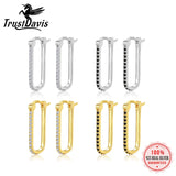 TrustDavis Silver Earrings Geometric Rectangle CZ Hoops Anti-allergy Jewelry