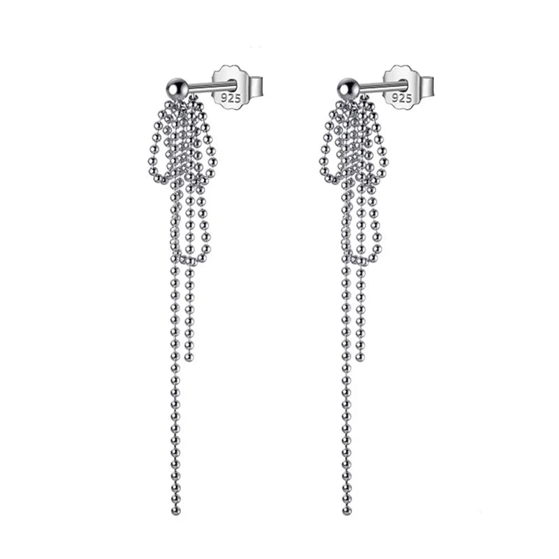 TrustDavis 925 Silver Beads Tassel Chain Long Stud Earrings For Women
