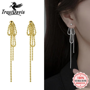 TrustDavis 925 Silver Beads Tassel Chain Long Stud Earrings For Women
