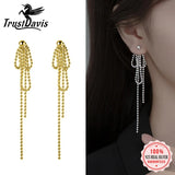 TrustDavis 925 Silver Beads Tassel Chain Long Stud Earrings For Women